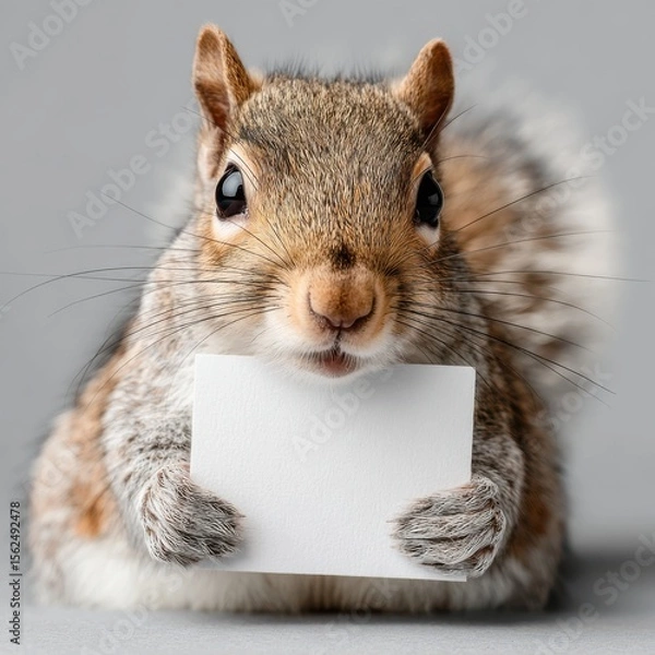 Fototapeta Curious squirrel holds a small blank card with paws, embodying inquisitiveness and charm in a minimalist setting