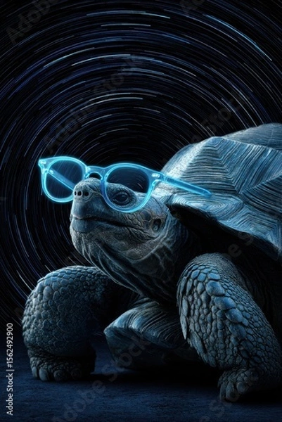 Fototapeta Realistic tortoise with tinted glasses observes time-lapse star trails in a captivating cosmic display at night