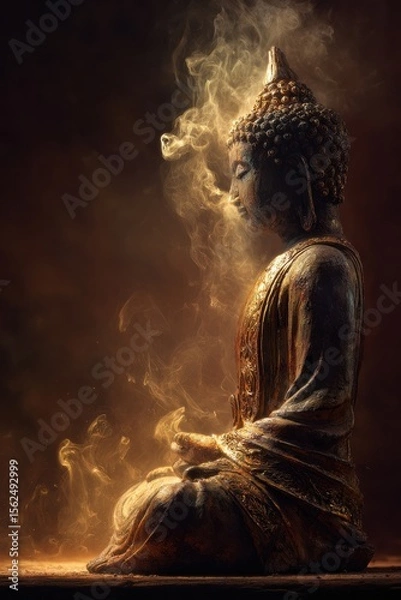 Fototapeta Stunning realistic depiction of a serene Buddha statue radiating golden energy in a tranquil setting