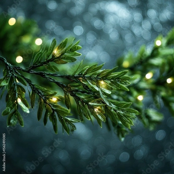 Fototapeta Glowing tree garland twinkling with softened bokeh creating a warm festive atmosphere