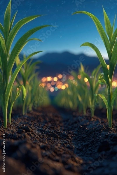 Fototapeta Wheat sprouts rise in organized rows under a glowing sky with distant mountains embracing the horizon