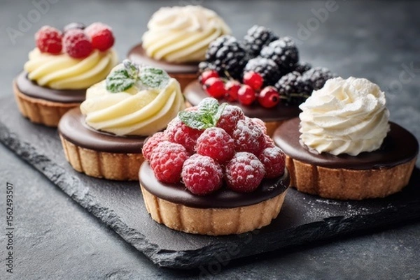 Fototapeta Delicate mini tarts with fresh berries and creamy swirls on a sleek stone slab, perfect for an elegant gathering