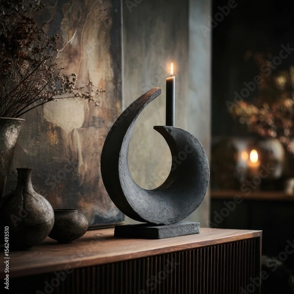 Fototapeta Sculptural candleholder in abstract loop shape enhancing a moody atmosphere on a stylish sideboard