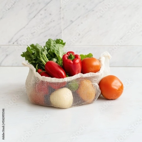 Fototapeta A reusable mesh bag displays fresh vegetables on a white counter, highlighting sustainable living and healthy eating in a modern kitchen