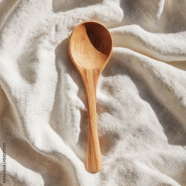 Fototapeta Craftsmanship shines through a solitary wooden spoon resting on soft linen, inviting culinary creativity and warmth