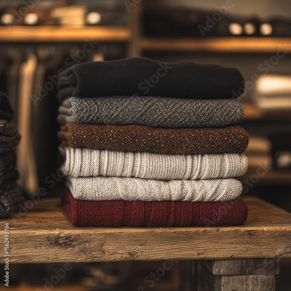 Fototapeta Colorful stack of knitted sweaters embraces warmth and style in a modern store setting
