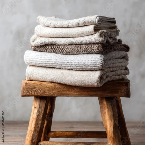 Fototapeta Folded unbleached cotton towels create a cozy, inviting atmosphere on a rustic wooden stool in a tranquil setting