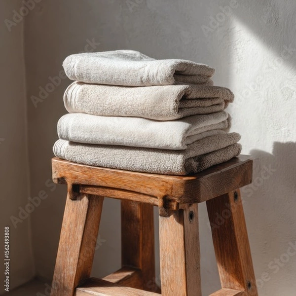 Fototapeta Soft cotton towels neatly stacked on a wooden stool create a serene ambiance in a bright and cozy space