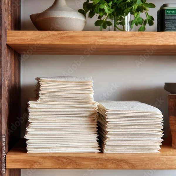 Fototapeta Neatly folded stack of eco-friendly paper towel alternatives on a wooden shelf in a cozy, modern home setting