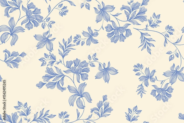 Fototapeta Vintage floral ethnic tapestry modern embroidery texture boho design vector illustration hand drawn silhouette indigo blue flower motif branches leaves wallpaper seamless background border.