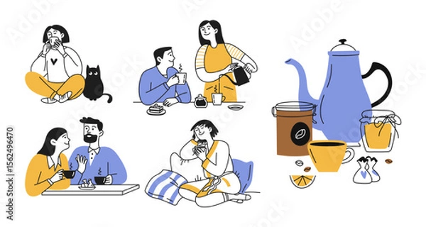 Obraz Set of doodles of men and women. People communicating over a cup of hot coffee. Coffee mug at home or in a cafe, restaurant. Vector
