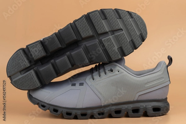 Obraz Modern gray athletic shoes with unique sole design on neutral background