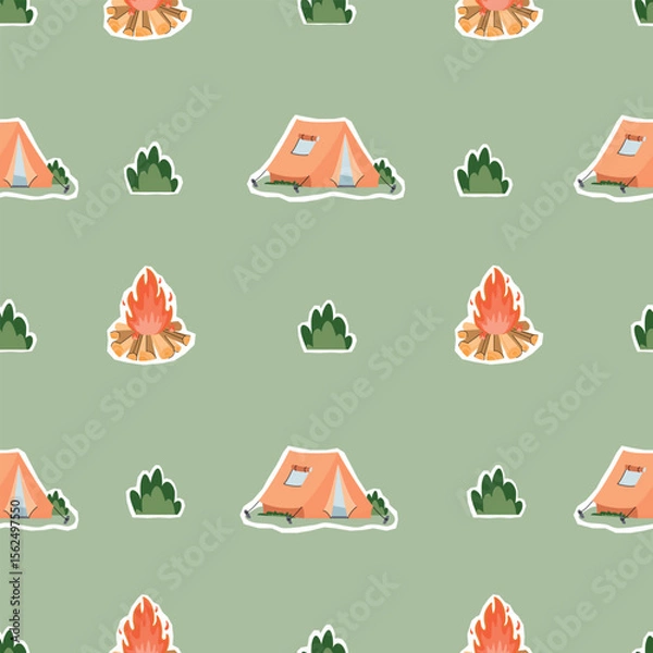 Fototapeta Camping seamless pattern with tent, plants and fire made of wood logs. Cartoon objects with paper cut shapes. Red, green and brown colors. Print on fabric and paper. Vector design for textile,cover