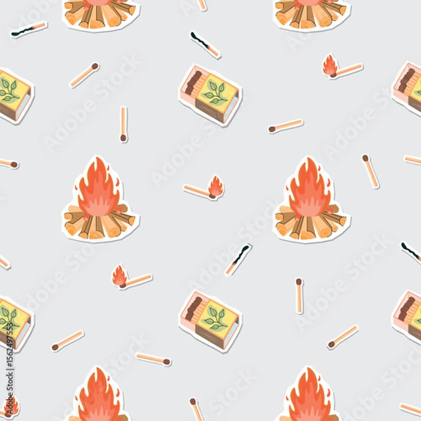 Fototapeta Matches seamless pattern with fire made of wood logs. Open matchbox, burning and burnt-out match. Cartoon objects with paper cut shapes. Red, yellow, green and brown colors. Vector design for textile.
