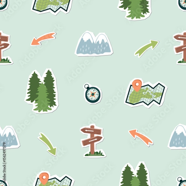 Fototapeta Tourist seamless pattern with compass, map with pointer, mountains, coniferous forest and arrows. Cartoon objects with paper cut shapes. Green, blue, red and brown colors. Vector design for textile