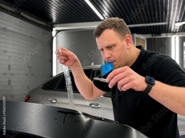 Obraz A car wrapping specialist applies a polyurethane film to the car. Detailer smoothes PPF. Car wrapping, detailing, tuning and styling. Selective focus. PPF protective film against chips and scratches. 