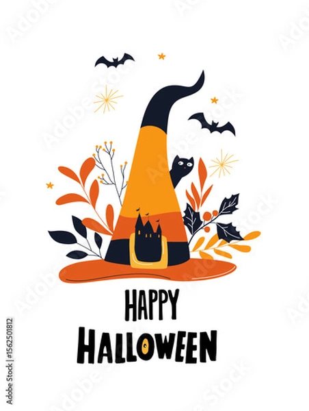Fototapeta Witch Hat with Cat and Bats Cozy Halloween Greeting card. Autumn Halloween Flat Vector Illustration. Happy Halloween Card with Black Cat and Magic Hat