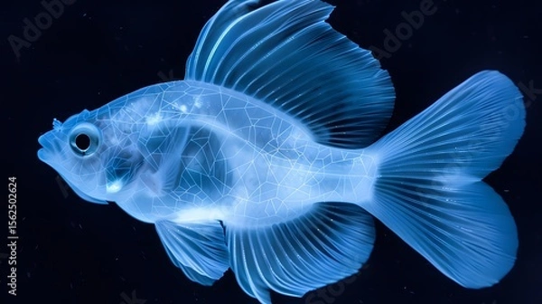 Fototapeta Transparent Blue Glass Fish with Intricate Vein Patterns on Dark Background | Abstract Aquatic Art