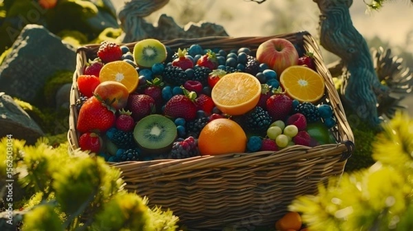 Fototapeta Abundant Wicker Basket Filled with Fresh Mixed Berries, Citrus, and Kiwi in a Garden Setting