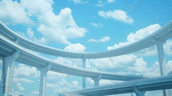 Fototapeta Curved Concrete Highway Overpasses Against a Bright Blue Sky with Clouds | Modern Infrastructure & Urban Planning