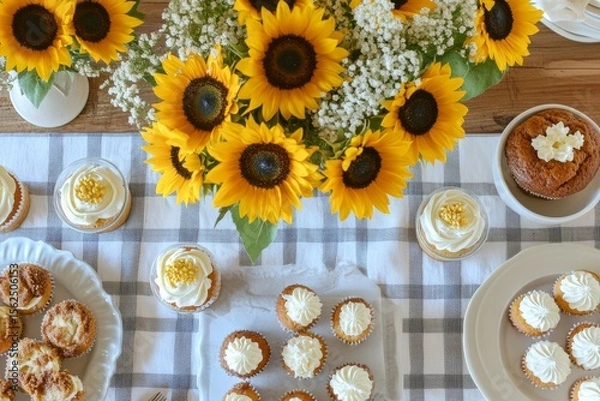Fototapeta Sunflowers and cupcakes on a checkered table with autumn decor