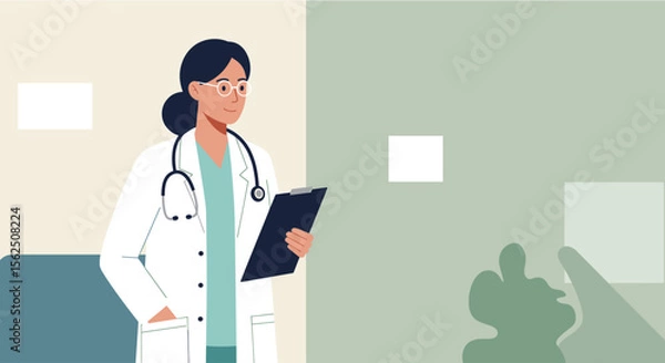 Obraz a female doctor in a white coat and stethoscope, standing in a medical setting with a clipboard in her hand. Suitable for landing page, banner, marketing, web design, presentation, infographic, etc.