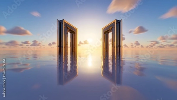 Fototapeta Find your path concept art with open doors to new beginnings and bright future horizon view