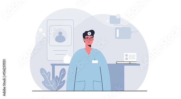 Obraz a doctor in a blue uniform, standing in front of a desk with a laptop and plant. Suitable for landing page, banner, marketing, web design, presentation, infographic, etc.
