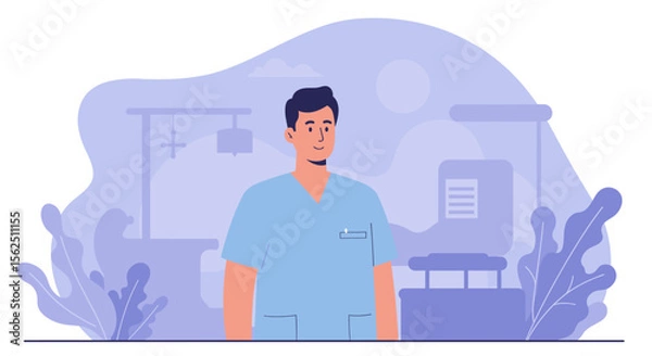 Obraz a man in a blue medical uniform standing in front of a medical setting with plants and equipment. Suitable for landing page, banner, marketing, web design, presentation, infographic, etc.