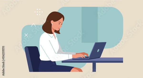Obraz a woman seated at a table, focused on her laptop, with a neutral background and geometric shapes. Suitable for landing page, banner, marketing, web design, presentation, infographic, etc.