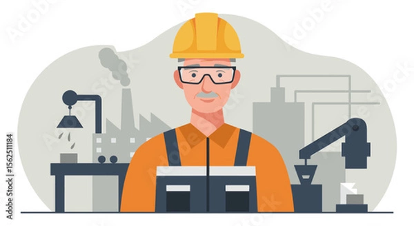 Obraz a man wearing a hard hat and glasses, standing in front of a factory backdrop with industrial equipment. Suitable for landing page, banner, marketing, web design, presentation, infographic, etc.