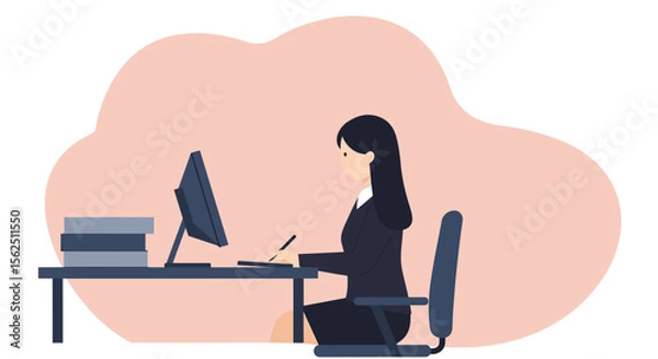 Obraz a woman sitting at a desk, working on a computer with a stack of books beside her. Suitable for landing page, banner, marketing, web design, presentation, infographic, etc.