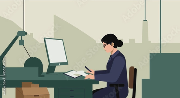 Obraz a woman sitting at a desk, working on a computer with a cityscape in the background. Suitable for landing page, banner, marketing, web design, presentation, infographic, etc.