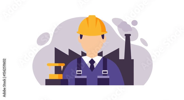 Obraz a construction worker wearing a hard hat and blue overalls, standing in front of a factory with a smokestack. Suitable for landing page, banner, marketing, web design, presentation, infographic, etc.