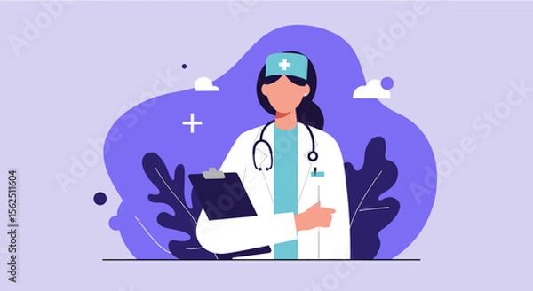 Obraz a female doctor, wearing a white coat and a blue cap, holding a clipboard and a stethoscope. Suitable for landing page, banner, marketing, web design, presentation, infographic, etc.
