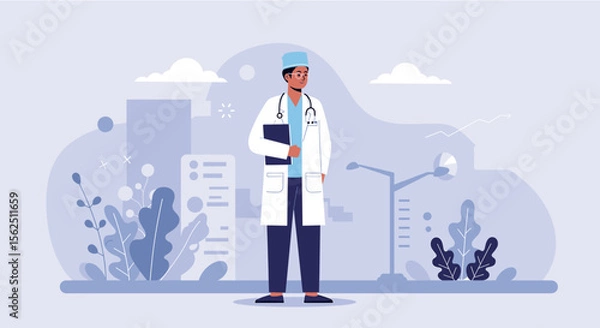 Obraz a doctor in a white coat and hat standing in front of a cityscape with buildings, plants, and a street lamp. Suitable for landing page, banner, marketing, web design, presentation, infographic, etc.