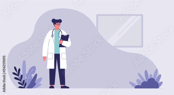 Obraz a doctor in a white coat holding a clipboard, standing in front of a plant and a window with a white frame. Suitable for landing page, banner, marketing, web design, presentation, infographic, etc.