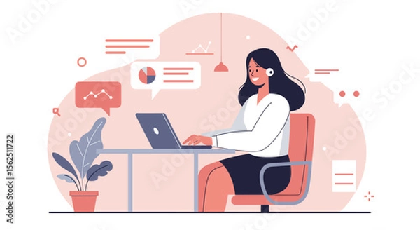 Obraz a woman seated at a desk, engrossed in work on a laptop, surrounded by various icons and speech bubbles. Suitable for landing page, banner, marketing, web design, presentation, infographic, etc.