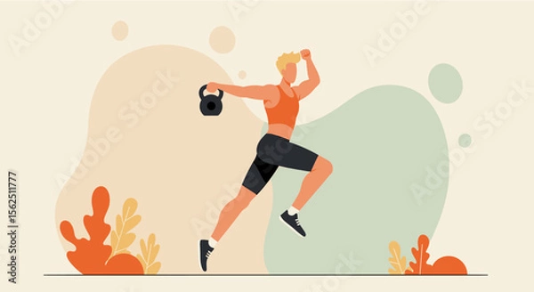 Obraz a person in an orange sports top and black shorts energetically jumping with a kettlebell in hand. Suitable for landing page, banner, marketing, web design, presentation, infographic, etc.
