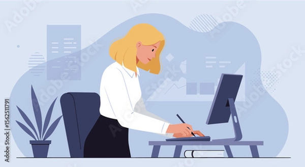 Obraz a woman working at a desk with a computer, surrounded by office decor and plants. Suitable for landing page, banner, marketing, web design, presentation, infographic, etc.