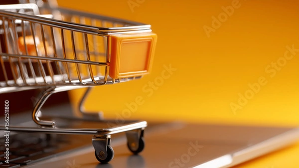 Obraz A miniature shopping cart rests on a laptop keyboard against a bold orange backdrop, symbolizing seamless e-commerce shopping, digital retail innovation, and convenient online purchasing.
