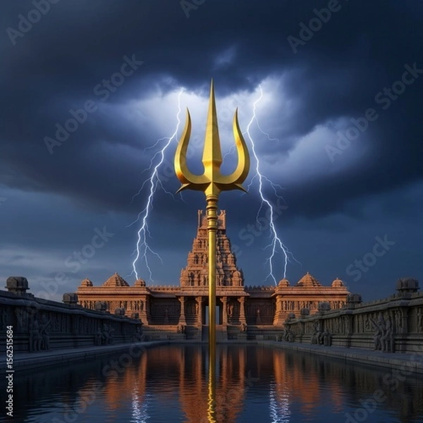 Fototapeta Divine power of Lord Shiva symbolized by a glowing golden trident atop a temple amidst a powerful thunderstorm at sunset
