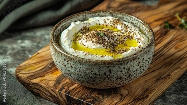 Fototapeta A rustic serving of labneh in a ceramic bowl, drizzled with olive oil and topped with za'atar seasoning, placed on a wooden board.