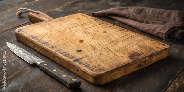 Fototapeta Rustic Wooden Cutting Board with Paring Knife Dark Wood Background, Scratched Surface, Culinary Concept, Cutting Board, Paring Knife