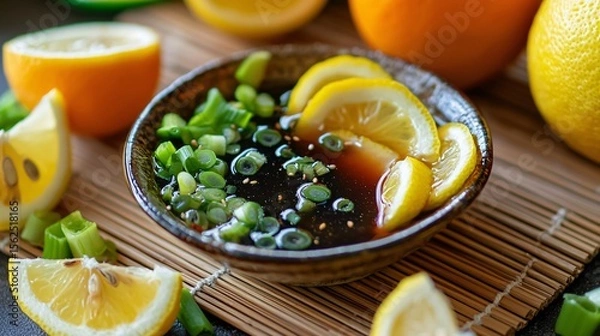 Fototapeta A small dish of ponzu sauce garnished with thinly sliced green onions and lemon wedges, surrounded by fresh citrus fruits and soy sauce ingredients on a bamboo mat.