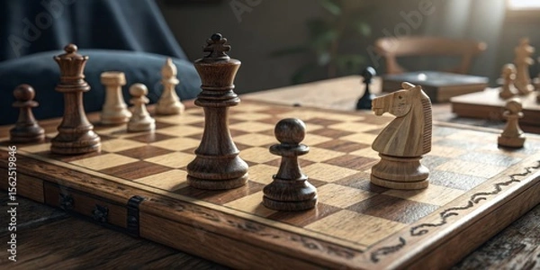 Fototapeta Wooden Chessboard Game Setup Close-up Composition, Strategy Concept, Chess Pieces Chess, Strategy Game