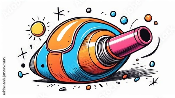 Fototapeta vector cartoon illustration of big blue and orange paint roller with colorful isolated on white background