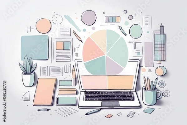 Fototapeta creative flat lay composition with laptop, smartphone, tablet, notebook and coffee cup on white background. business, finance, social marketing online concept