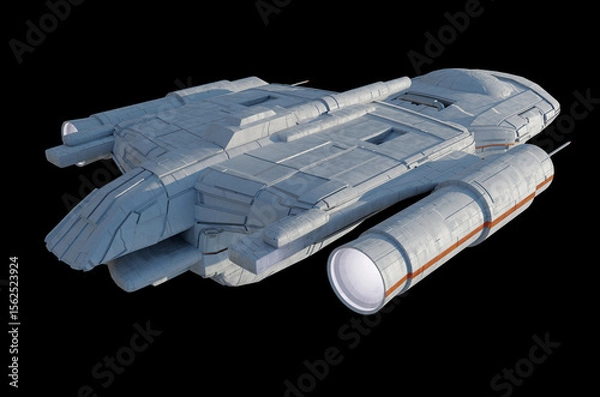Obraz Outer Space Gunship with White and Orange Colour Scheme on Black Background - Rear View, 3d digitally rendered science fiction illustration