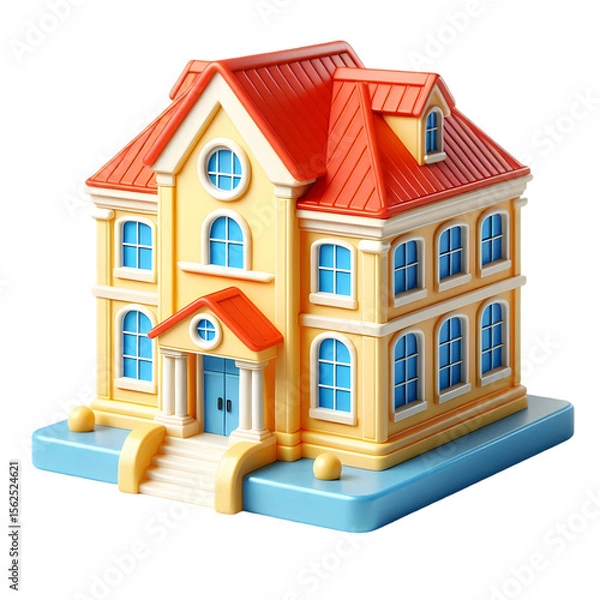 Fototapeta Charming cartoon house with red roof and blue windows isolated on transparent background